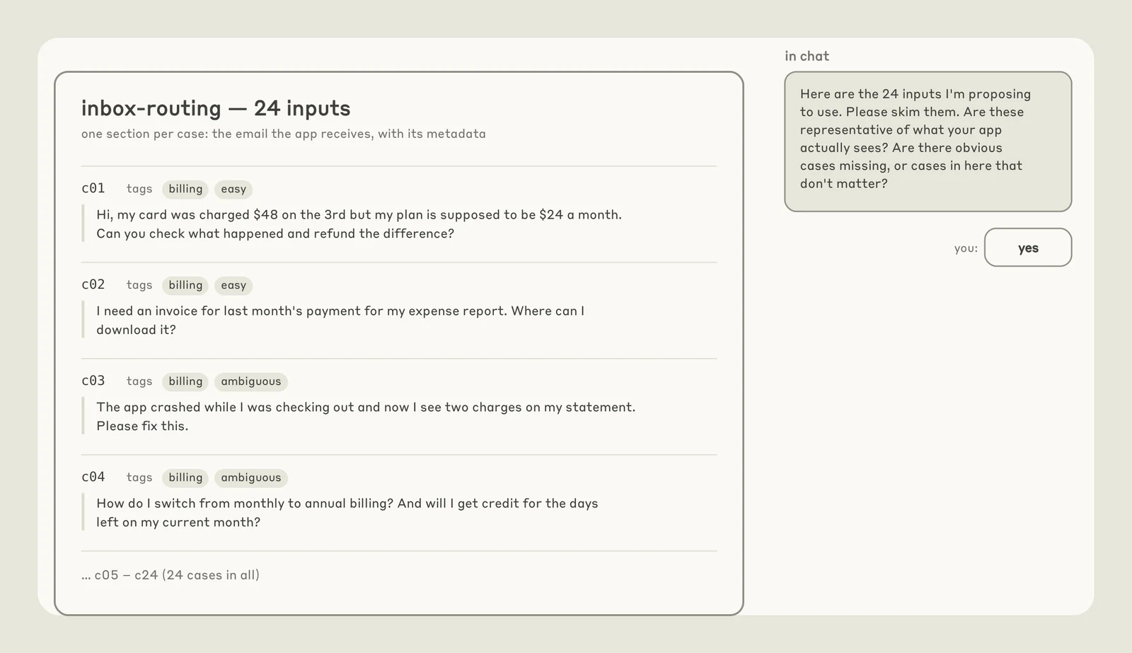 原文 Fig 3:左边是 inbox-routing 评测的 24 条输入审核页,每条一封邮件,带 billing、easy、ambiguous 等标签;右边聊天里 Claude 问这些输入有没有代表性,用户回答 yes